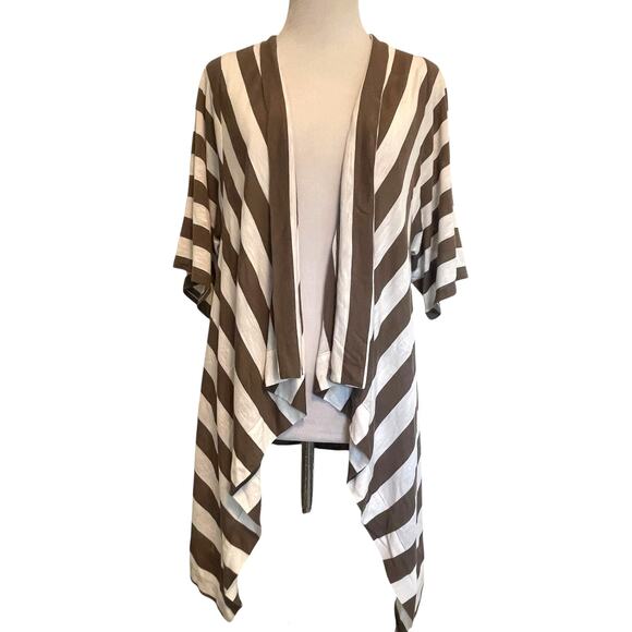 Chico's Striped Topper Size 1 (Womens Medium) Brown White Asymmetrical Cardigan - Picture 1 of 6
